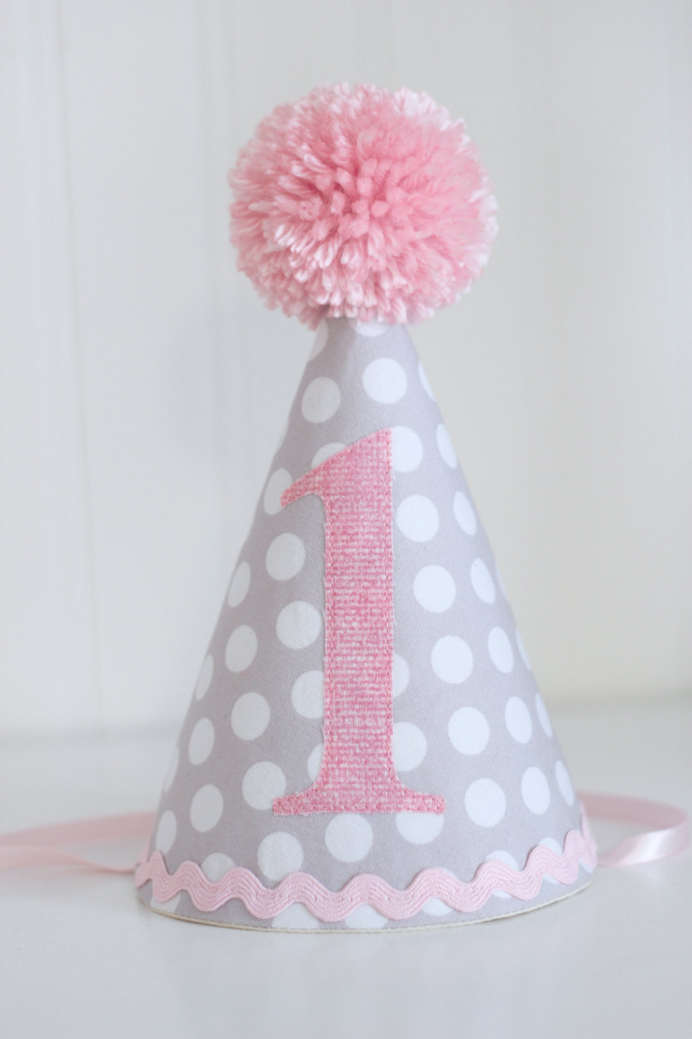 First Birthday Party Hat
 Pink and Gray Polka dot fabric party hat 1st birthday hat cake