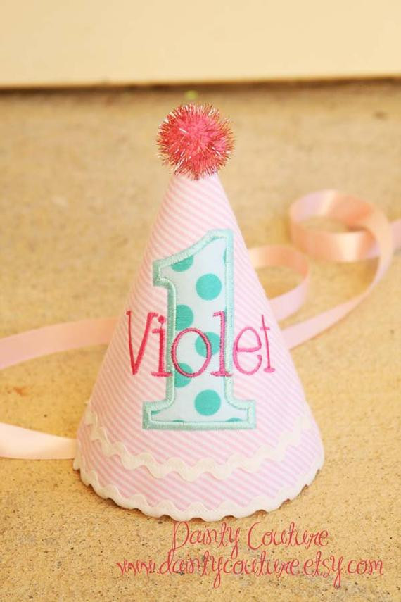 First Birthday Party Hat
 Girl First Birthday Hat Pink and white stripes with aqua and