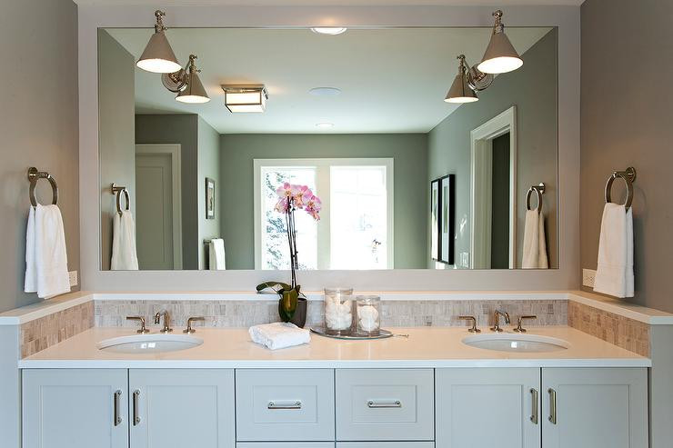 Full Length Bathroom Mirror
 Bathroom with Grey Wood Like Floor Tiles Transitional