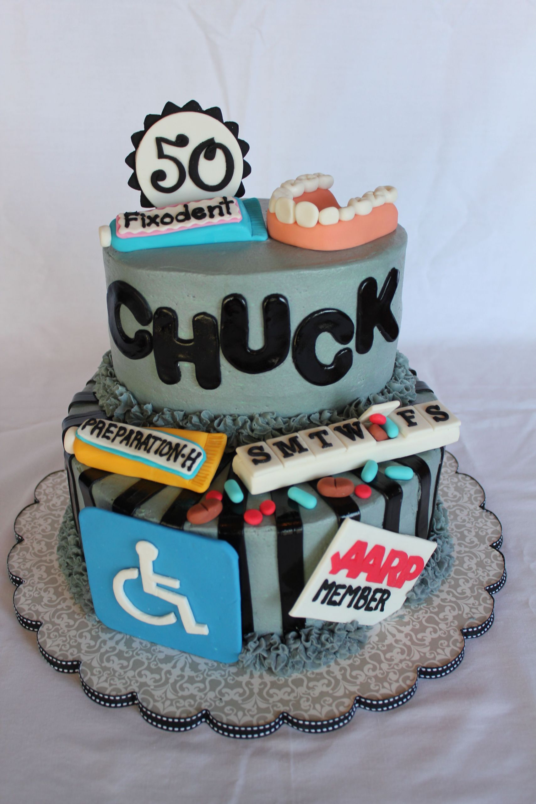 Funny 50th Birthday Cake Ideas
 Old Age Survival Kit Buttercream icing with fondant