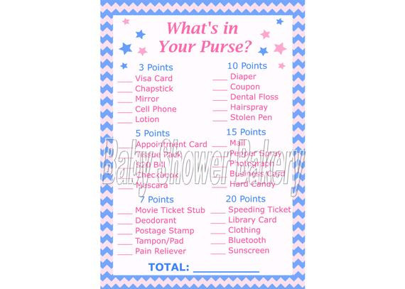 Games For Baby Reveal Party
 Gender Reveal Party Game What s in Your Purse Game