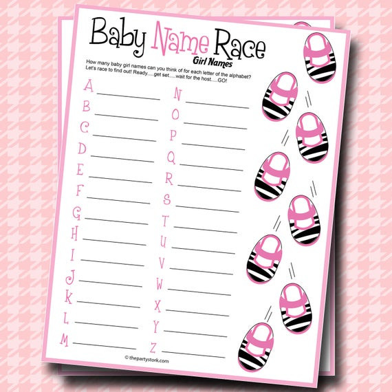 Games For Baby Shower Party
 Baby Name Race Baby Shower Game Girl Zebra Theme PRINTABLE