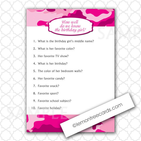 Games For Girls Birthday Party
 Pink Camo Party Game How well do we know the birthday girl