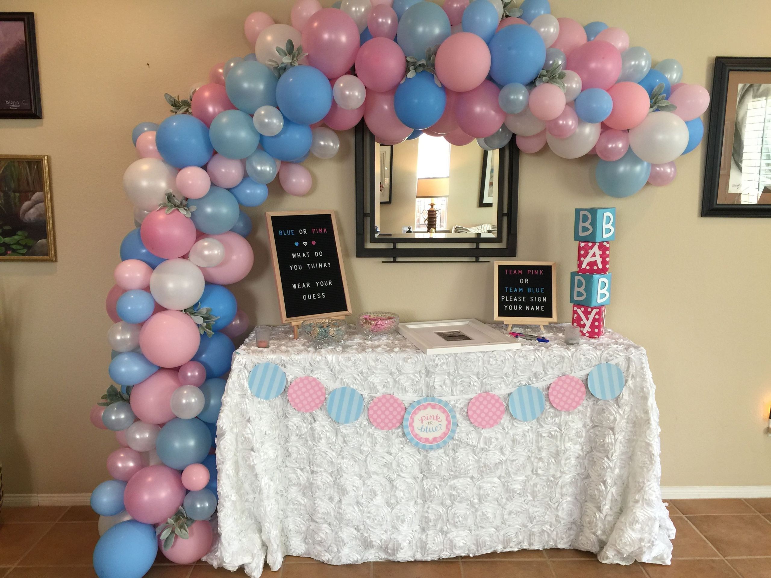 Gender Reveal Party Ideas Balloons
 Pink and blue balloon arch for gender reveal party