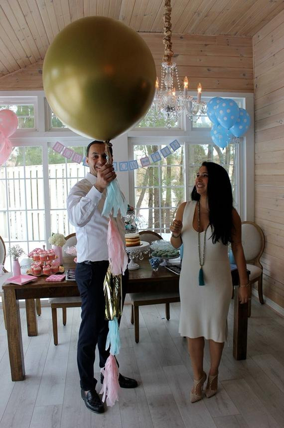 Gender Reveal Party Ideas Balloons
 GOLD Gender Reveal Balloon with pink blue and gold tassels