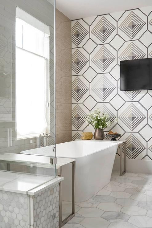 Geometric Bathroom Tiles
 Modern Rectangular Bathtub with Mercury Glass Chandelier