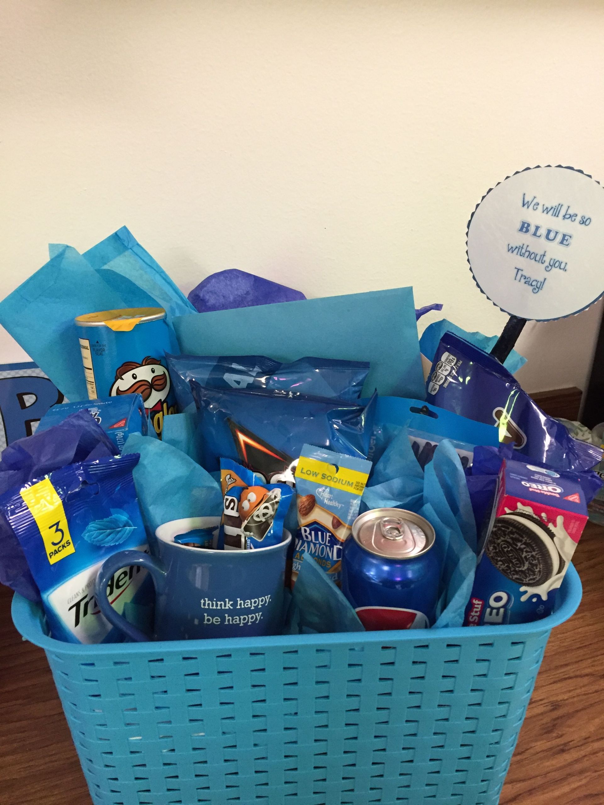 Gift Baskets For Coworkers Ideas
 Coworker leaving "blue without you" going away basket