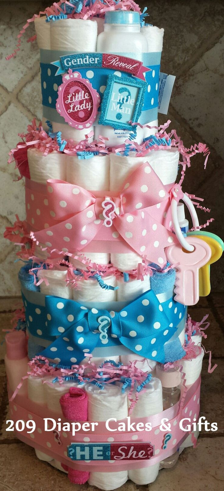 Gift Ideas For A Gender Reveal Party
 4 Tier Pink & Blue Gender Reveal Diaper Cake by 209 Diaper