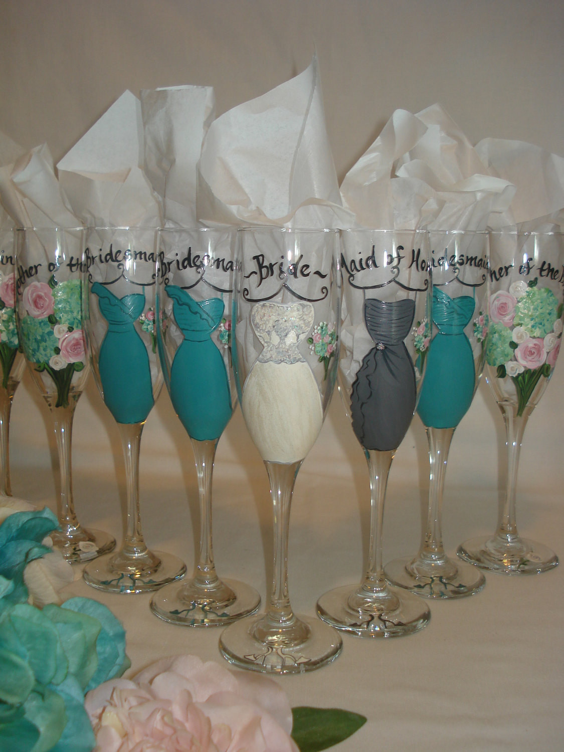 Gift Ideas For Engagement Party
 Hand Painted Personalized Bridal Party Champagne Glasses