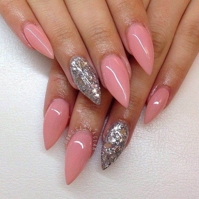 Glitter Almond Nails
 Light Pink Stiletto Acrylic Nails w Silver Glitter