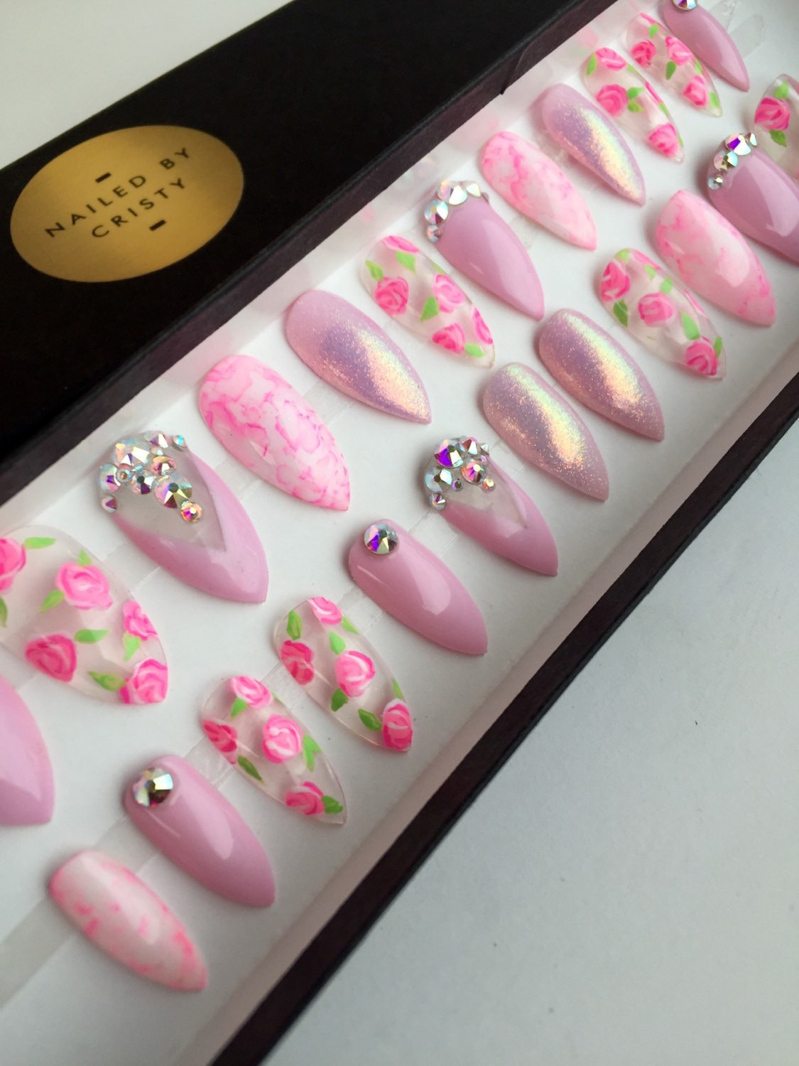 Glitter Press On Nails
 Pink Floral Press Nails Glitter Nails Real Swarovski by