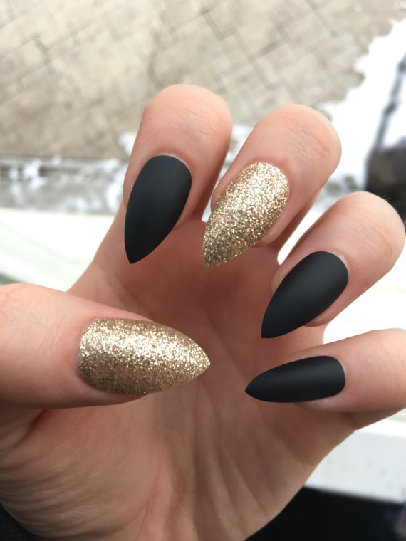 Glitter Press On Nails
 stiletto nails black matte glitter nails gold glitter