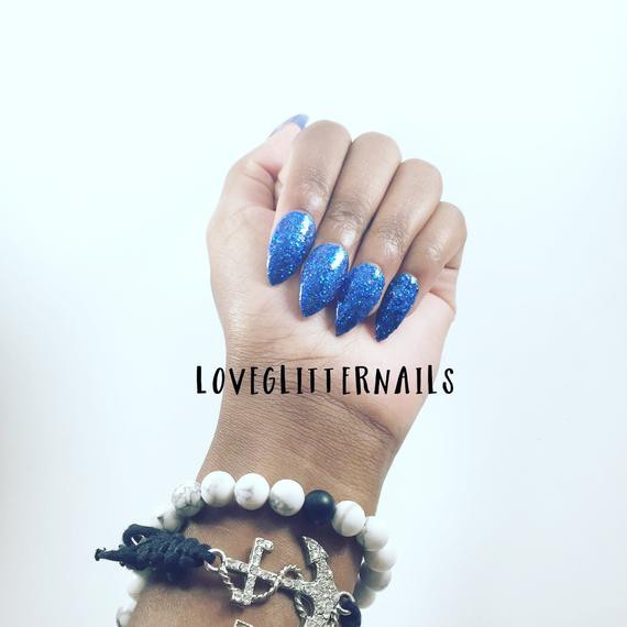 Glitter Press On Nails
 Royal Blue Glitter Press on Nails Stiletto by LoveGlitterNails
