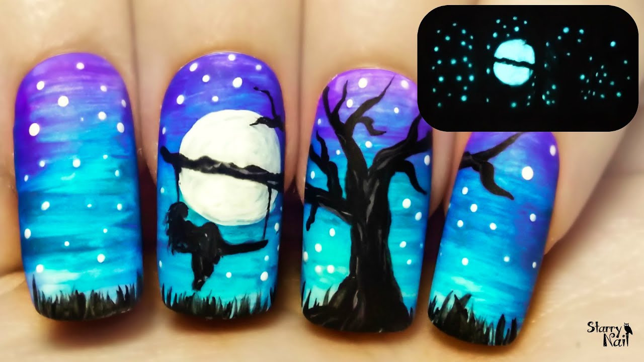 Glow In The Dark Nail Designs
 A Tree Swing at Midnight ⎮ Glow in the Dark Freehand Nail