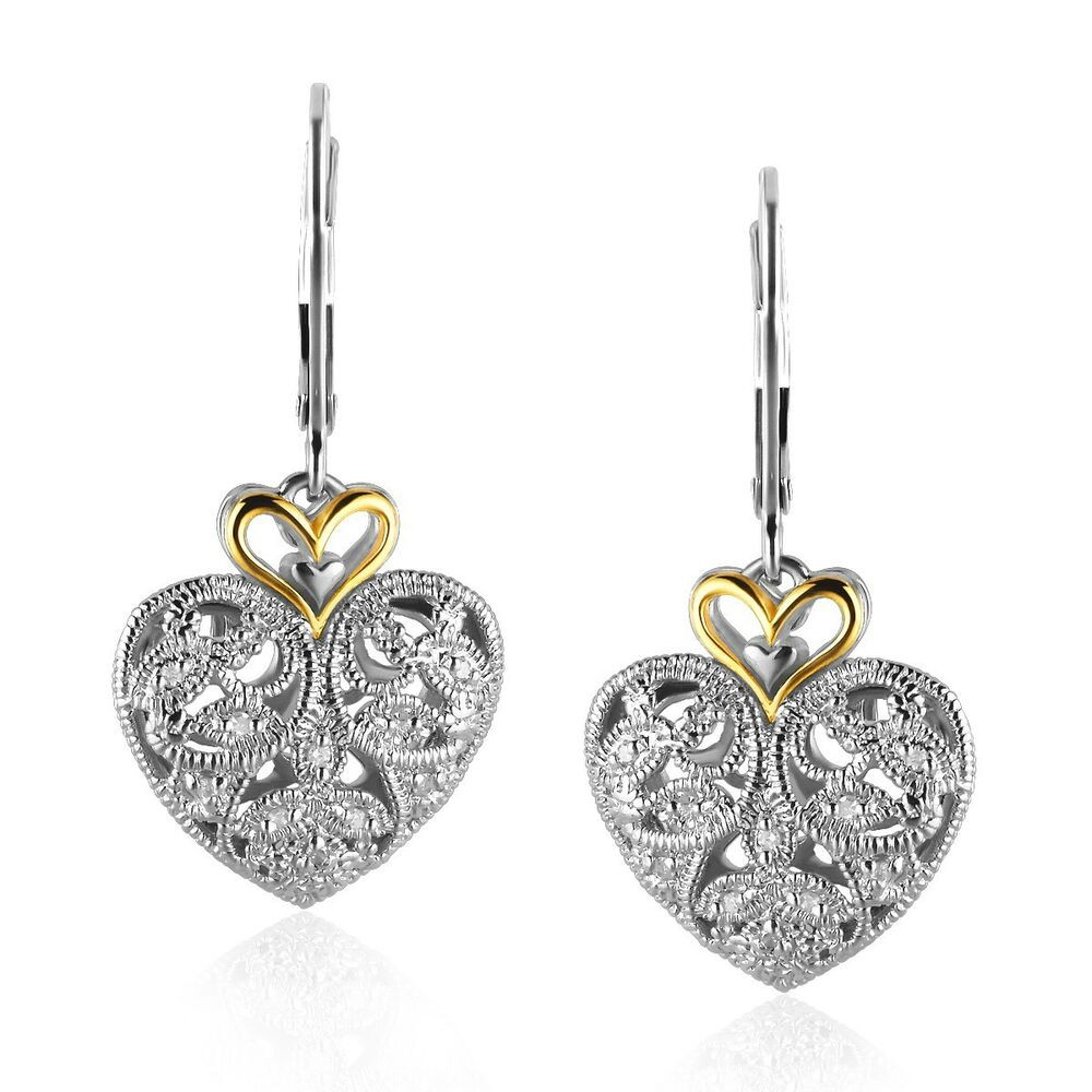 Gold Heart Earrings
 14K Yellow Gold and Sterling Silver Intricate Filigree