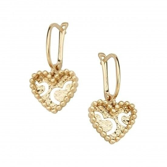 Gold Heart Earrings
 14K Solid Yellow Gold Heart Motiff Hanging Dangle Earrings