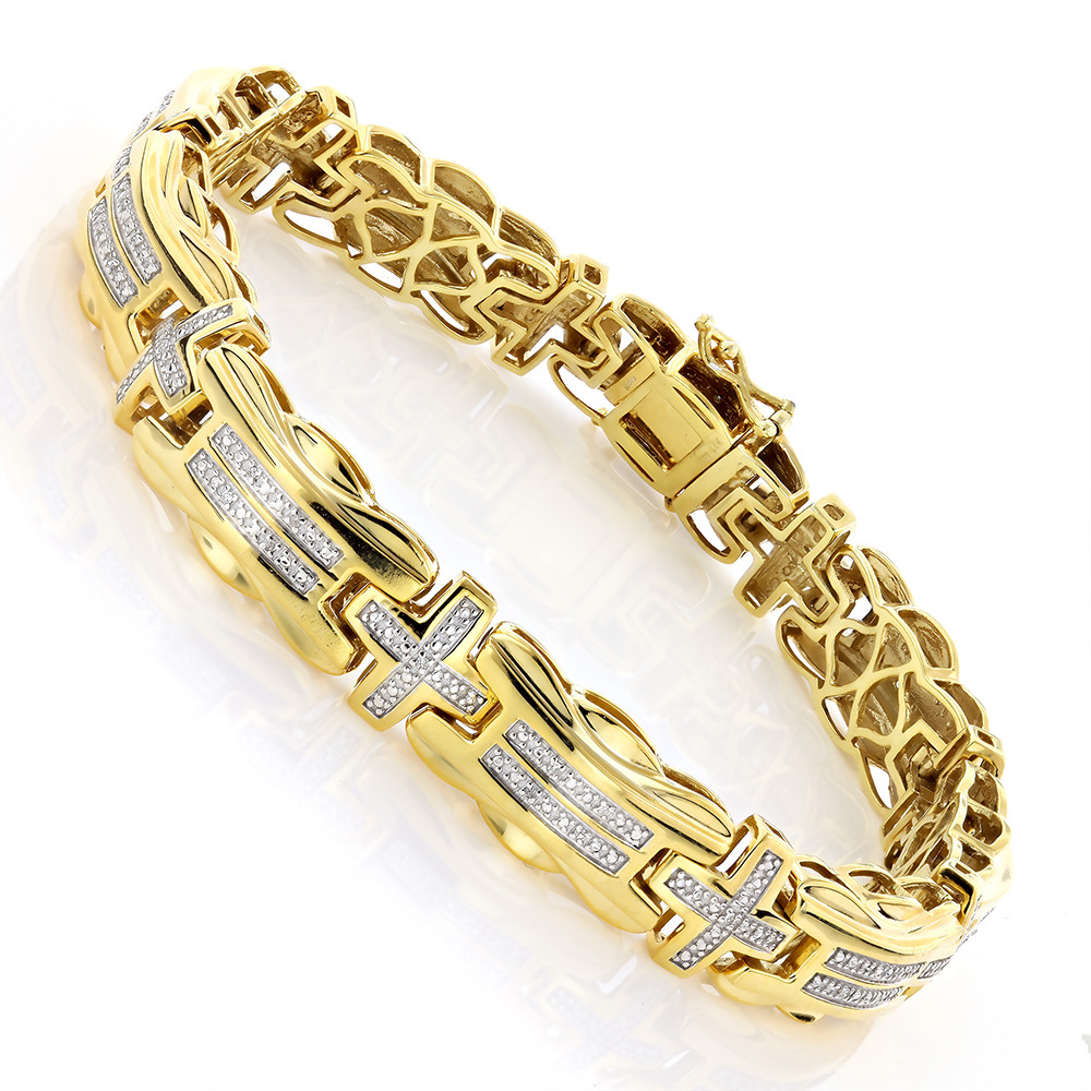 Gold Mens Bracelets
 Mens Diamond Cross Bracelet 0 30ct Yellow Gold Plated Silver