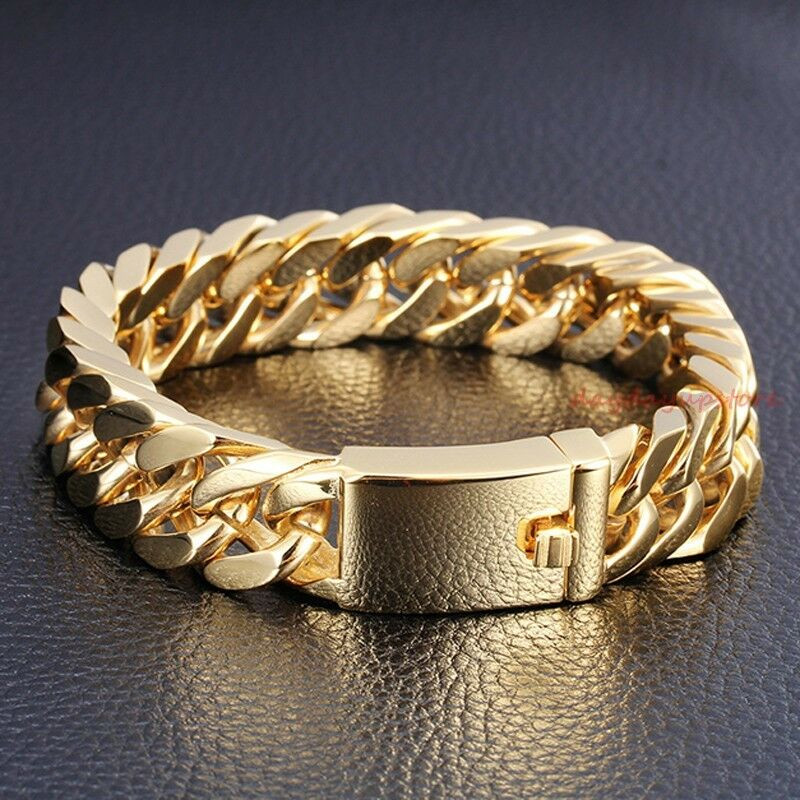 Gold Mens Bracelets
 Classic 8 5" 14mm 18K Gold Men s Jewelry Stainless Steel