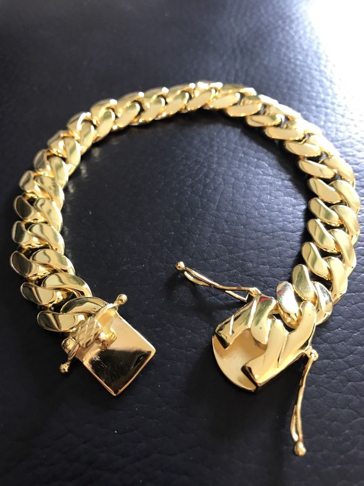 Gold Mens Bracelets
 Mens Cuban Miami Link Bracelet 14k Gold Over Solid 925