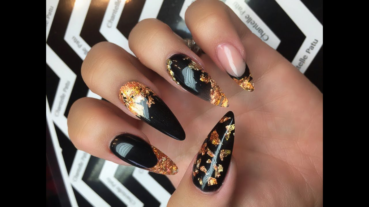 Gold Nail Designs For Acrylic Nails
 ACRYLIC NAILS Black and Gold Leaf tutorial