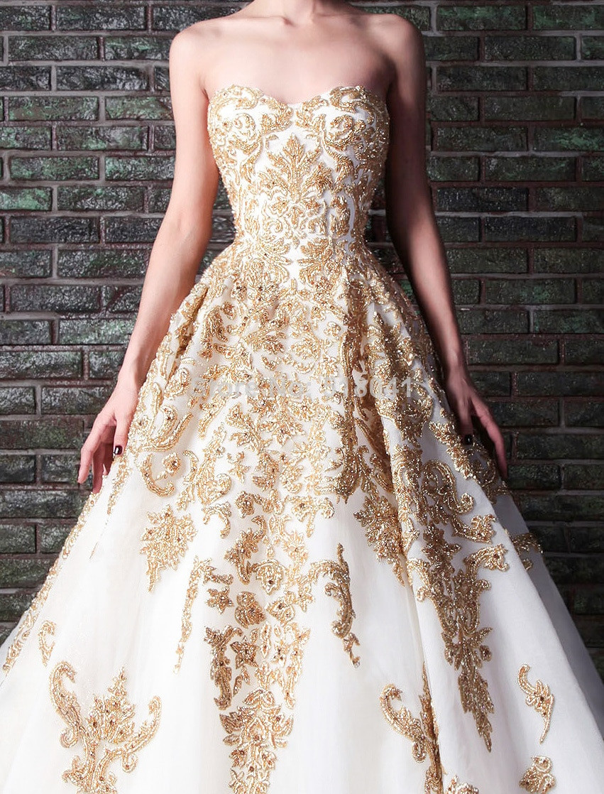 Gold Wedding Gowns
 2014 Rami Kadi gold embroidery wedding gown XT 1085 white