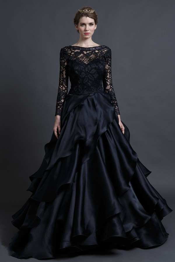 Gothic Wedding Gown
 Elegant Black Lace Wedding Dress See Through Long Sleeve