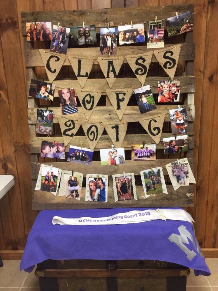 Graduation Party Display Ideas
 High school graduation photo display with rustic pallet twine and burlap