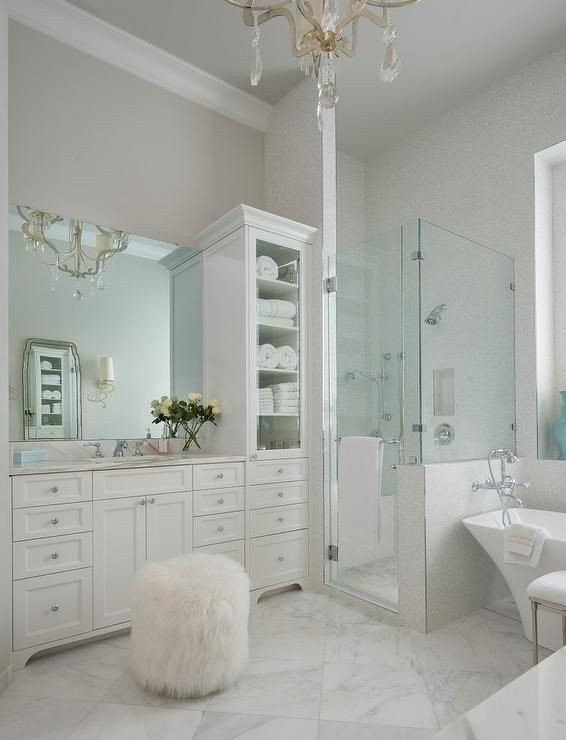 Gray Bathroom Walls
 White and gray master bathroom features walls painted soft