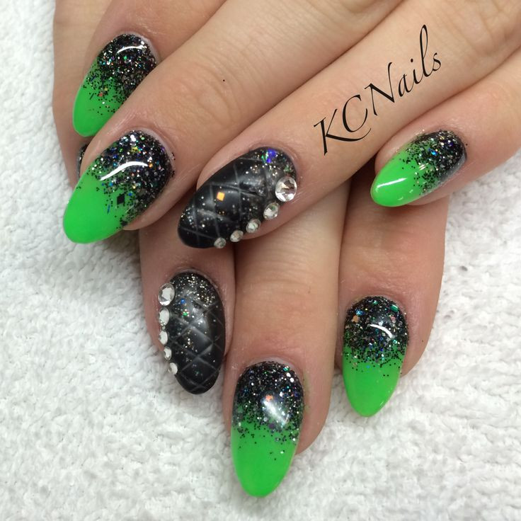 Green And Black Nail Designs
 Lime green black & silver reverse fade acrylic nails