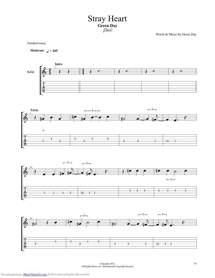 Green Day Brain Stew Tabs
 Stray Heart guitar pro tab by Green Day musicnoteslib