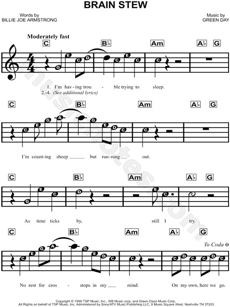 Green Day Brain Stew Tabs
 Green Day "Brain Stew" Sheet Music for Beginners in C
