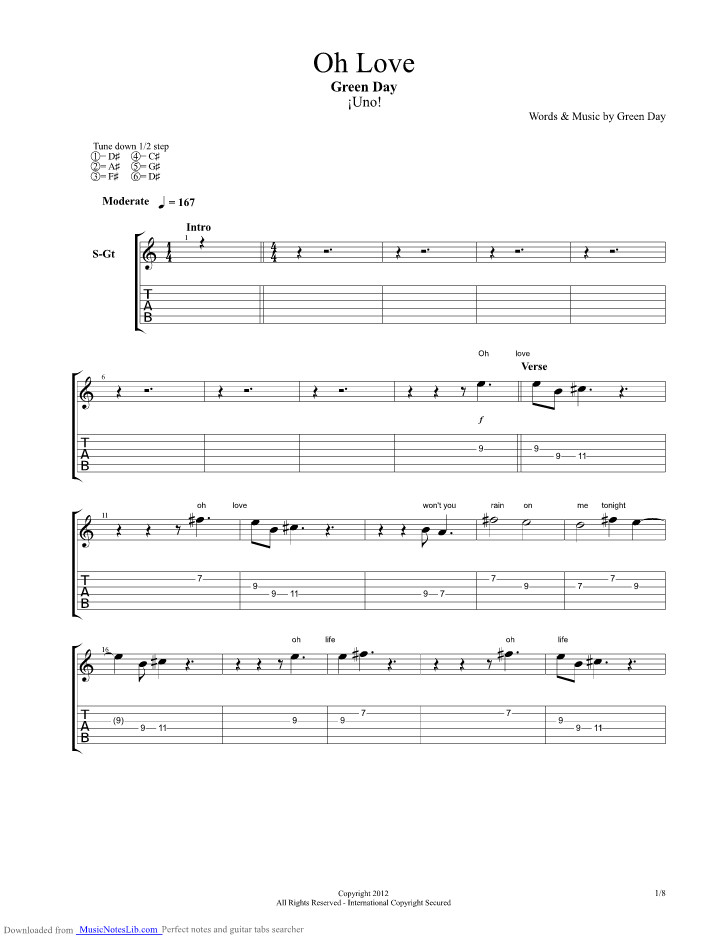 Green Day Brain Stew Tabs
 Oh Love guitar pro tab by Green Day musicnoteslib