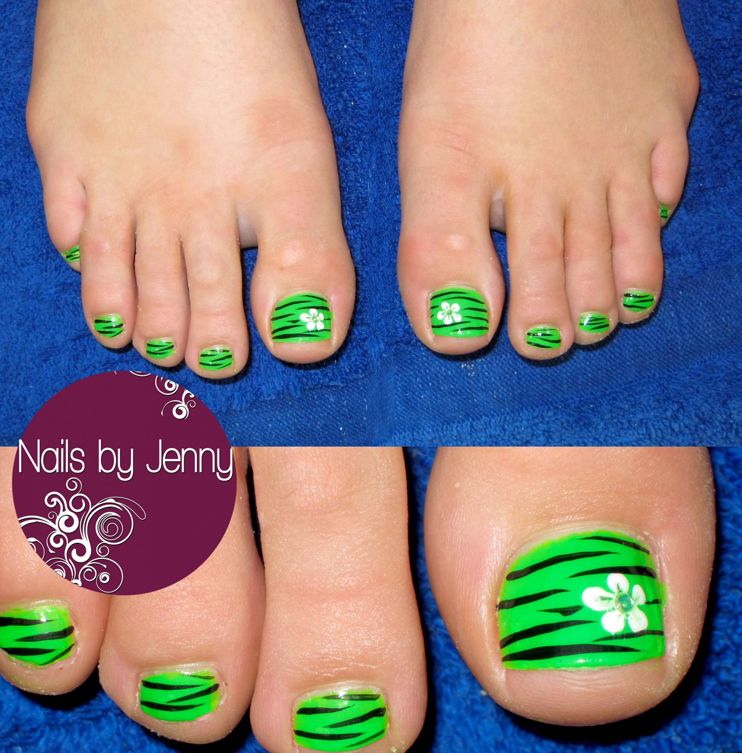 Green Toe Nail Designs
 Lime green Pedicure with Flowers and Zebra Stripes