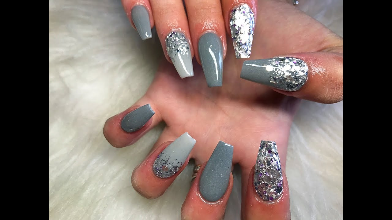 Grey And Glitter Nails
 Grey acrylic nails glitter nails coffin nails glam