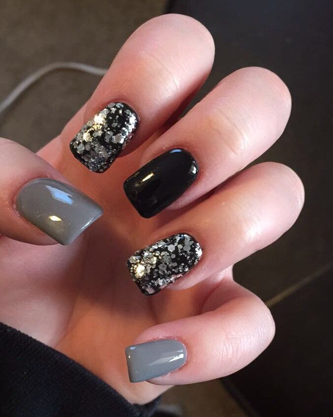 Grey And Glitter Nails
 Black and gray nails with glitter Nails in 2019