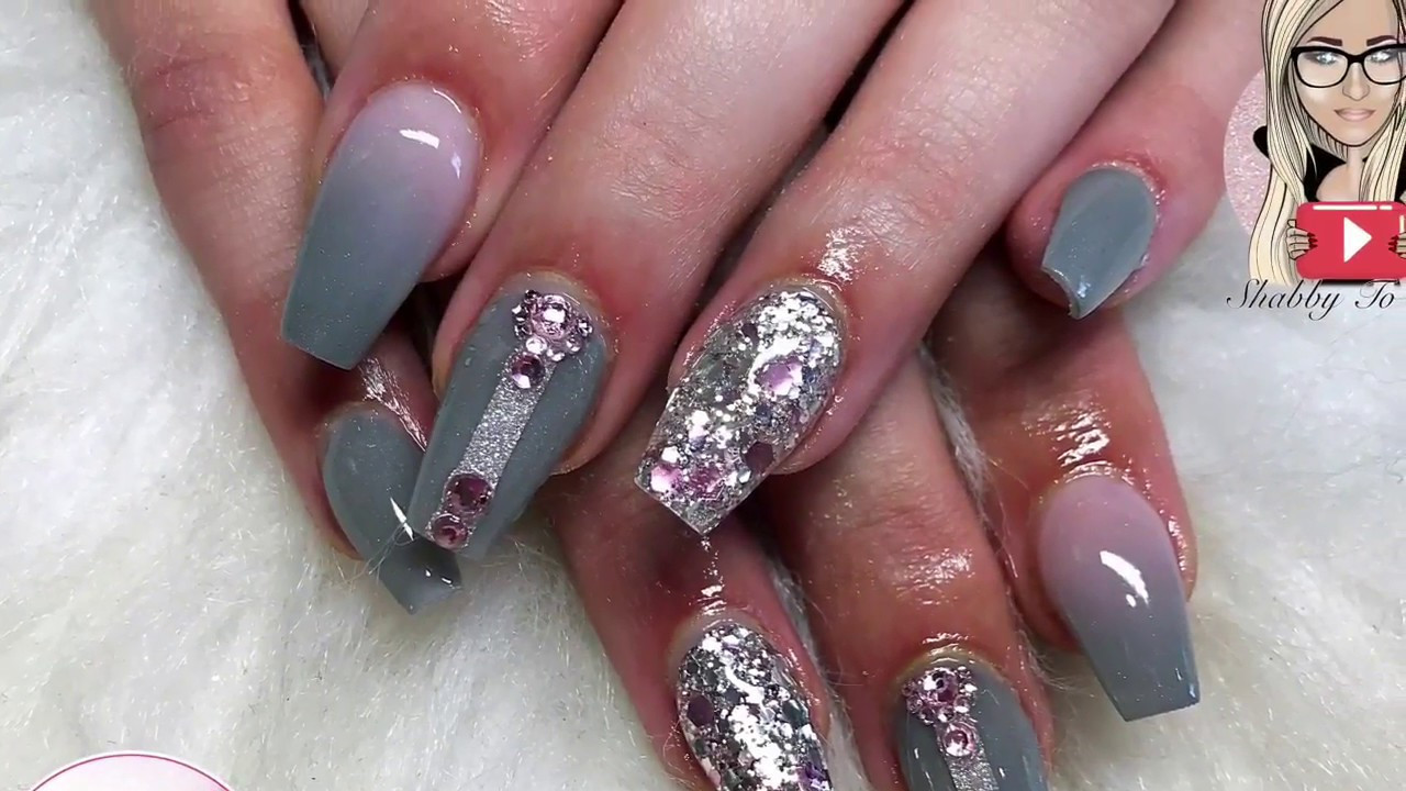 Grey And Glitter Nails
 Grey and pink acrylic nails coffin nails glitter nails
