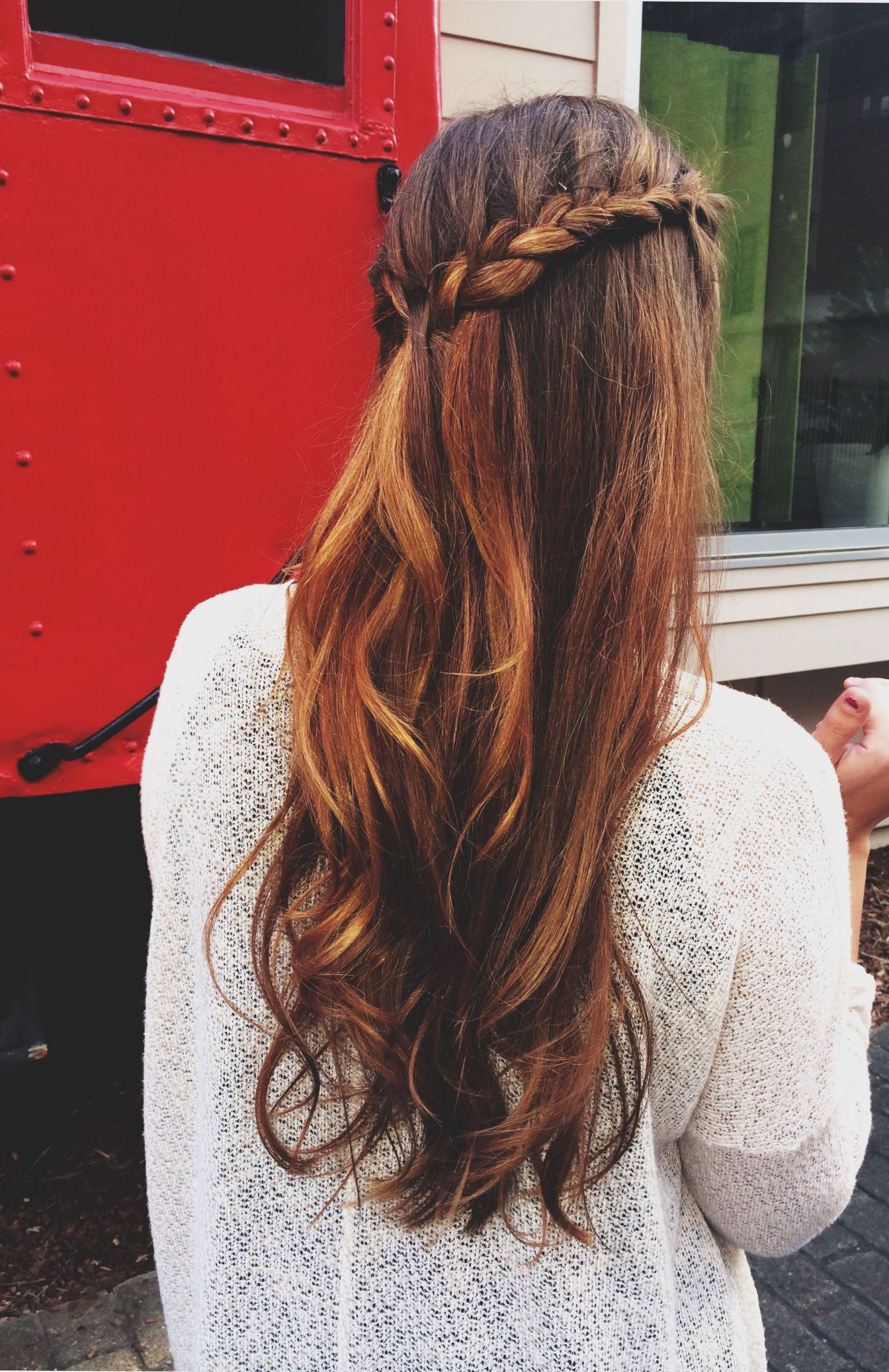 Half Curly Half Straight Hairstyles
 french braid half up half down curly wavy ombre hair