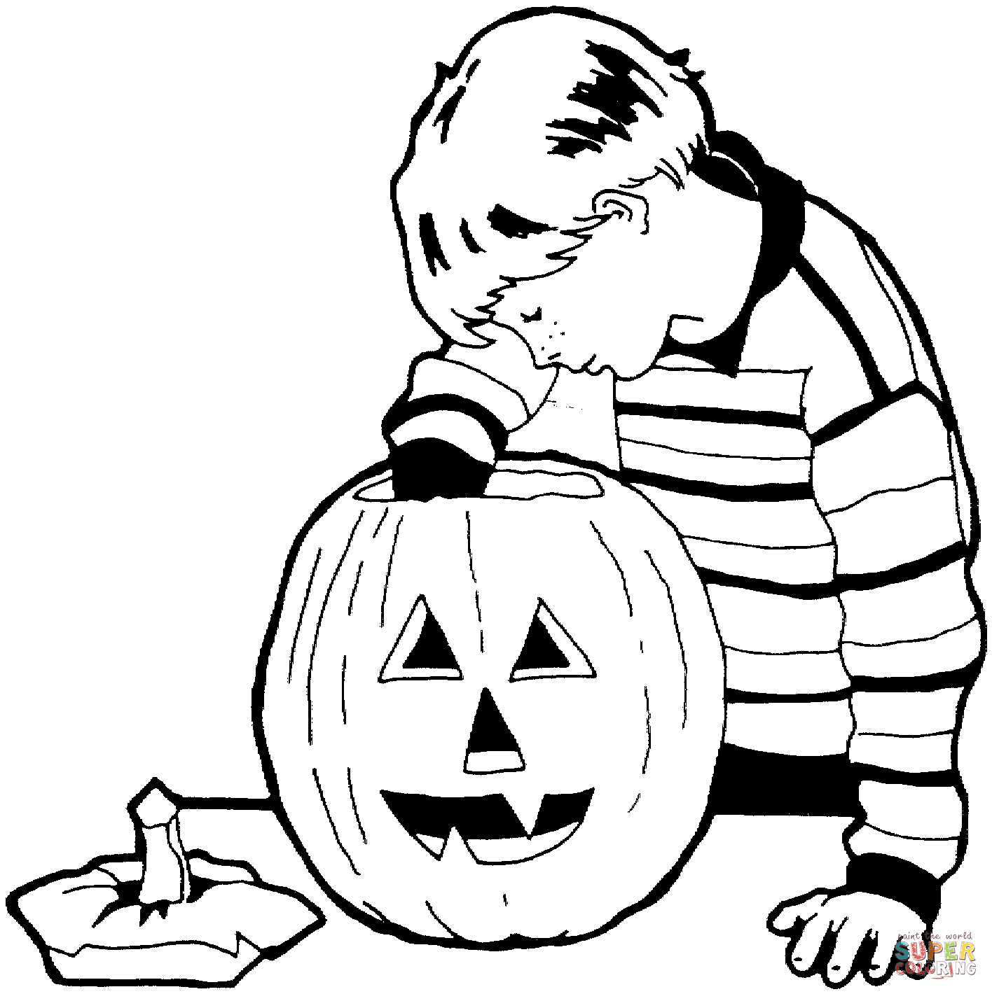 Halloween Coloring Pages For Boys
 Little boy is carving the pumpkin coloring page