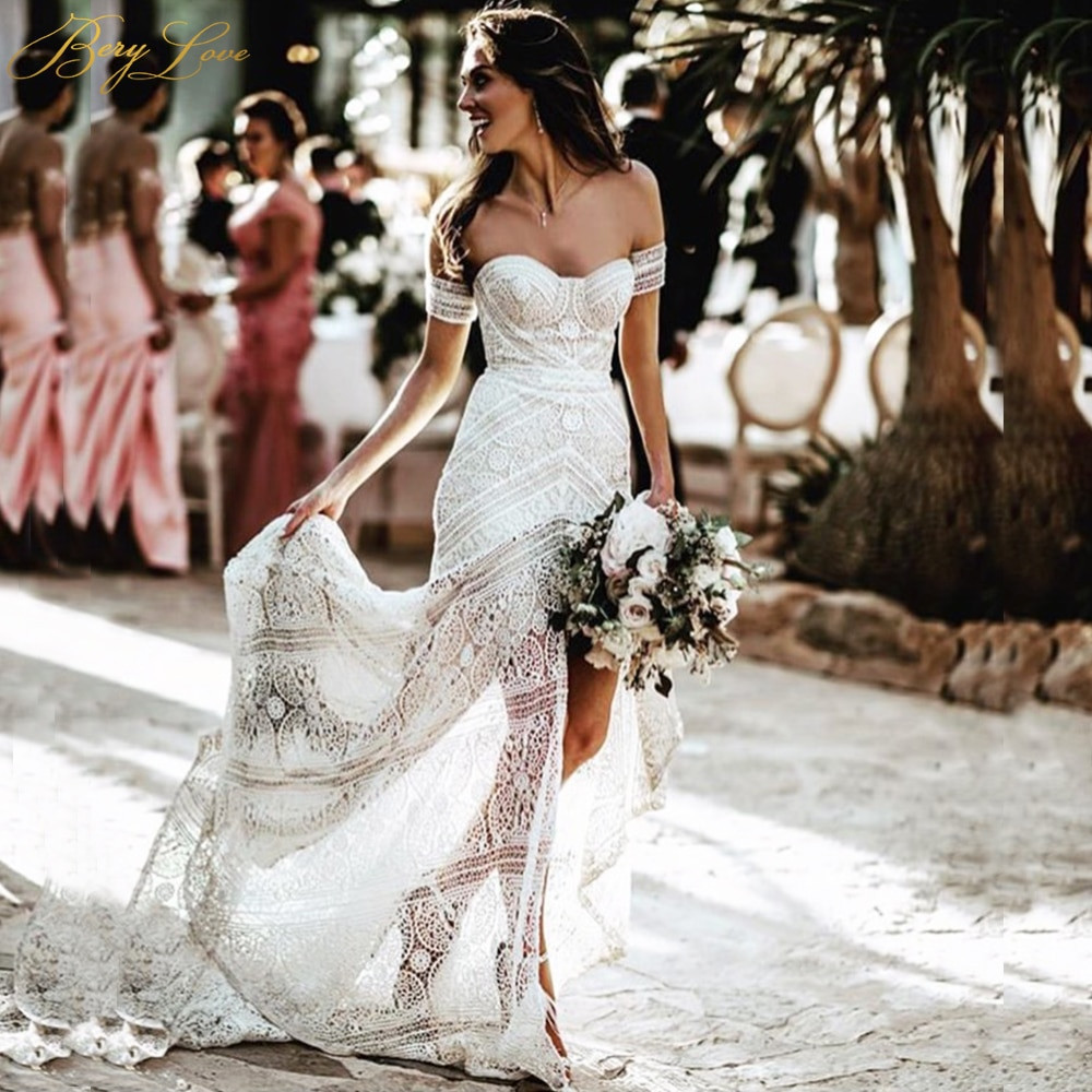 Hawaiian Beach Wedding Dresses
 y Boho Beach Soft White Lace Mermaid Wedding Dress 2019