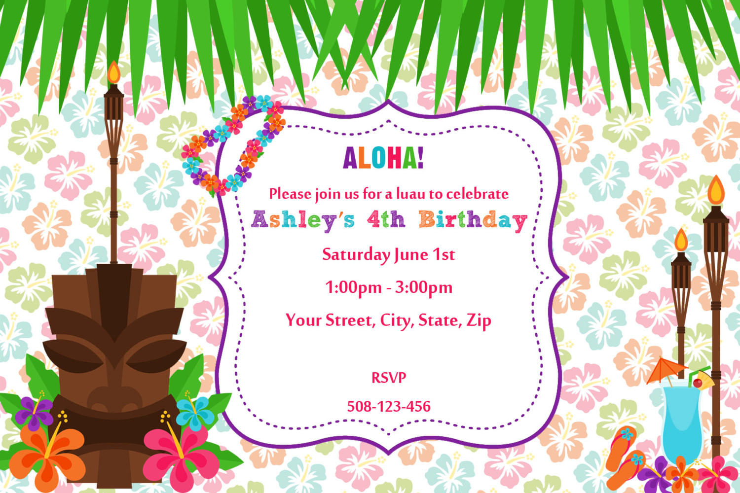 Hawaiian Birthday Invitations
 Luau Hawaiian DIGITAL Birthday Invitation by