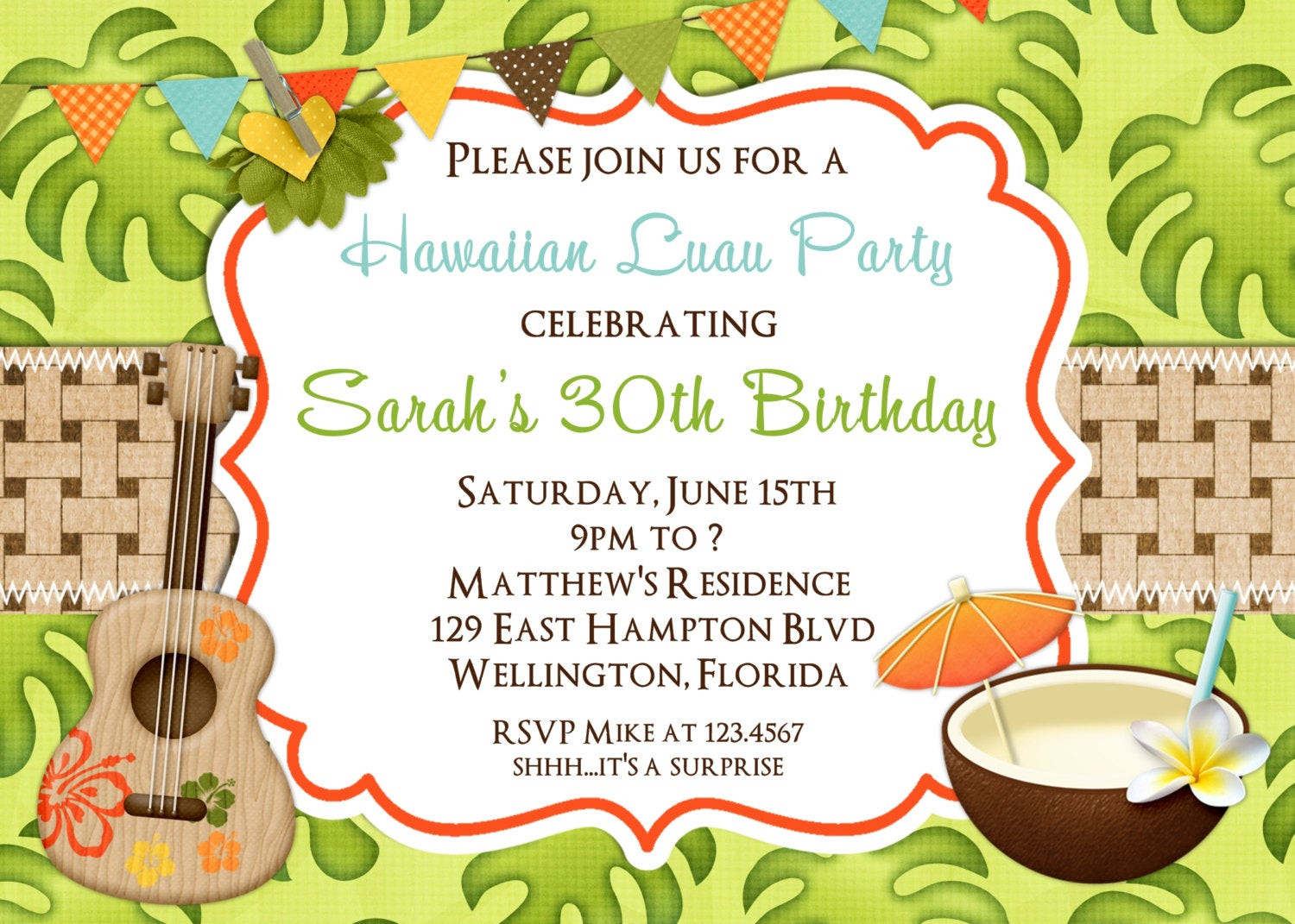 Hawaiian Birthday Invitations
 Tropical Hawaiian Luau Adult Birthday Party Invitation