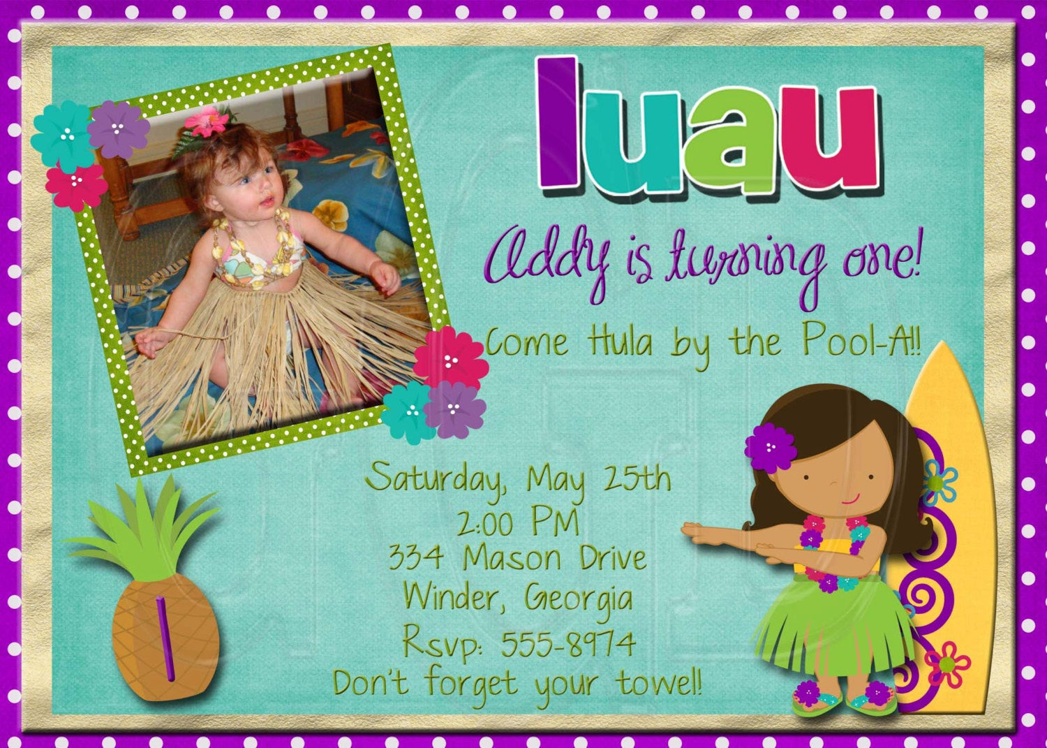 Hawaiian Birthday Invitations
 Girl Luau Birthday Invitation Digital File