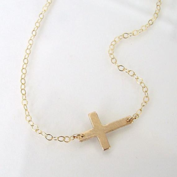 Horizontal Cross Necklace
 Sideways Cross Necklace Small Handcrafted Horizontal 14K