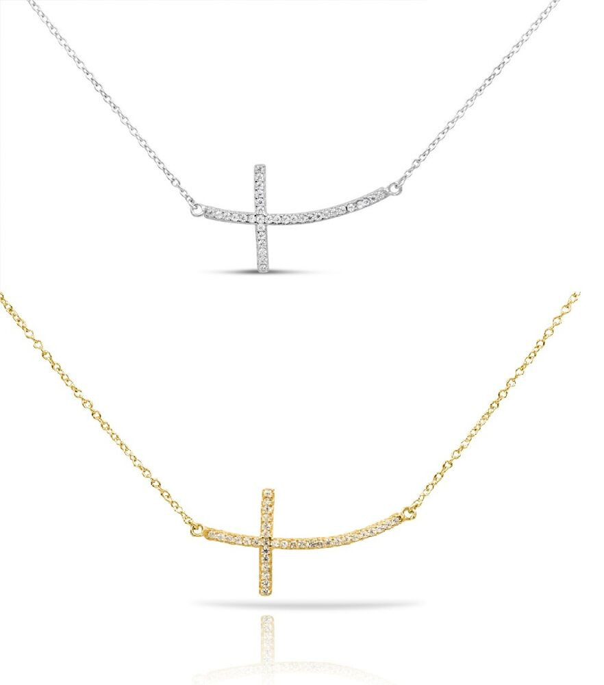 Horizontal Cross Necklace
 925 Sterling Silver Gold CZ Sideways Horizontal Curved
