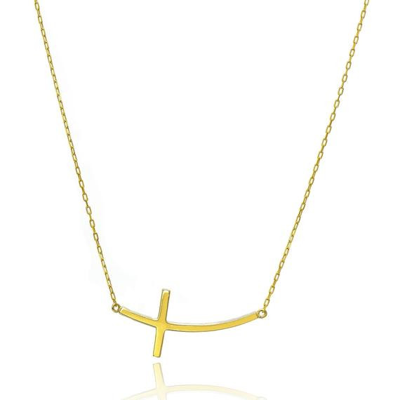 Horizontal Cross Necklace
 14K Yellow Gold Horizontal Curved Cross Necklace