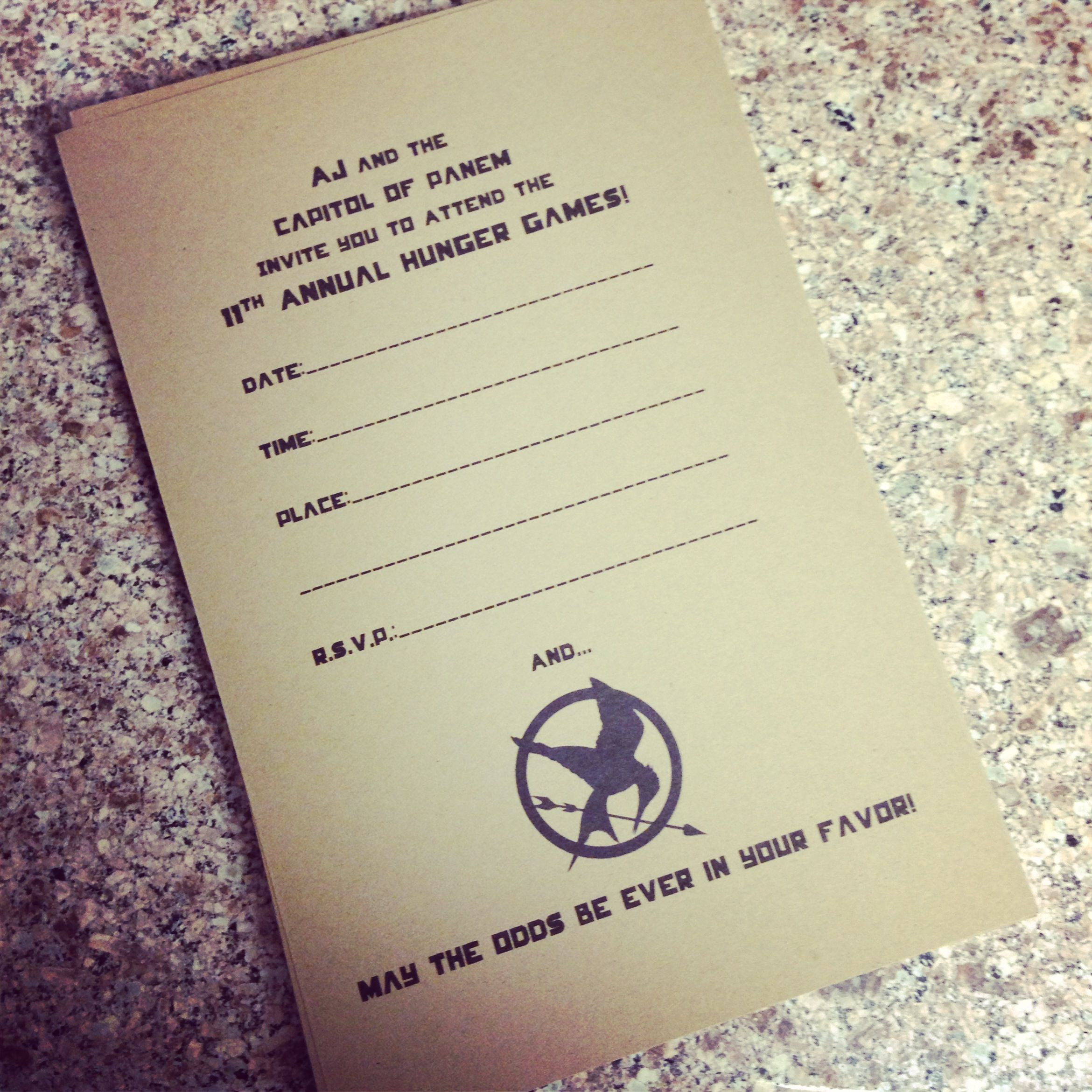 Hunger Games Birthday Invitations
 I made AJ these Hunger Games party invites for his 11th