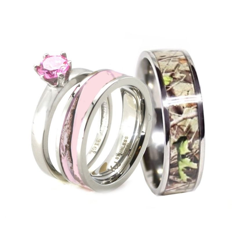 Hunting Wedding Bands
 HIS & HER Pink Camo Band Engagement Wedding Ring Set