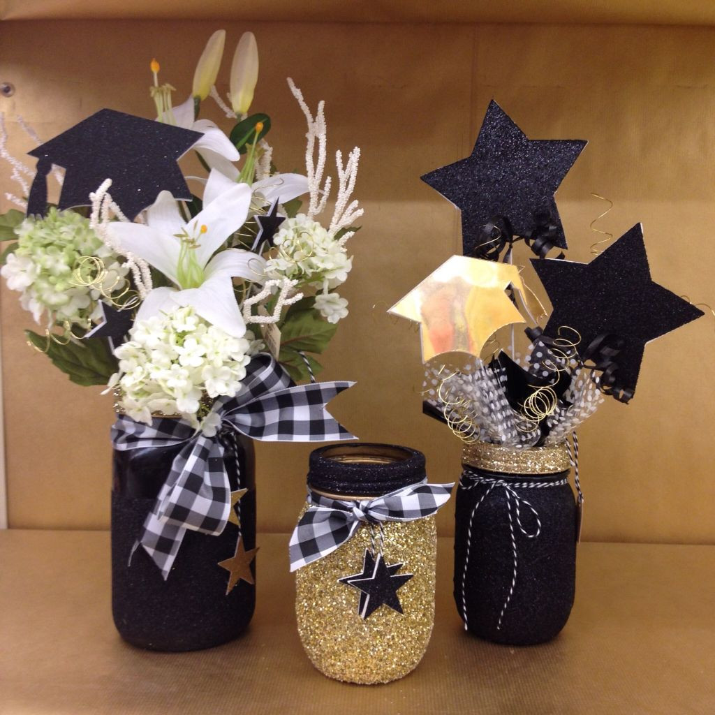 Ideas For Table Centerpieces For Graduation Party
 Graduation centerpiece glittered black and gold masonjar