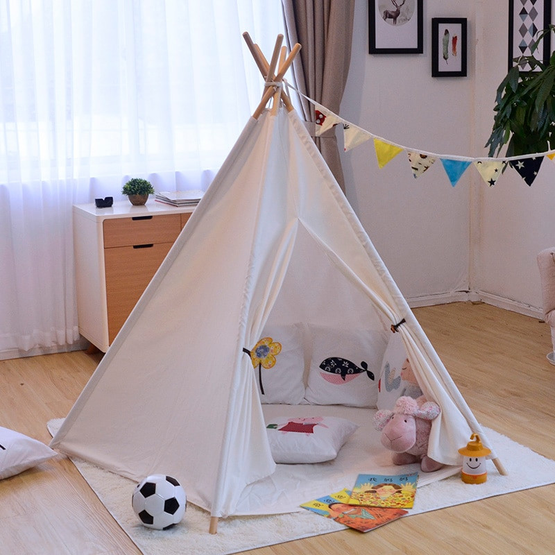 Indoor Tents For Kids
 Ins Solid White Canvas Portable Indian Play Tent Children