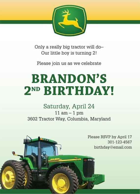 John Deere Birthday Party Invitations
 John Deere tractor Custom birthday party invitation SET OF